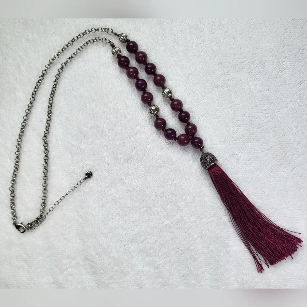 CATO Purple and Silver Beaded Tassel Drop Necklace